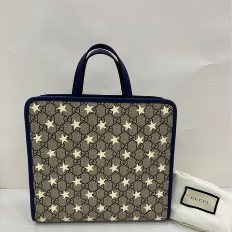 Gucci古馳 烏木色拼深藍色五角星印花老花Logo兒童款Tote托特包 購物袋手提包 閒置 尺寸：25*11*28.5cm