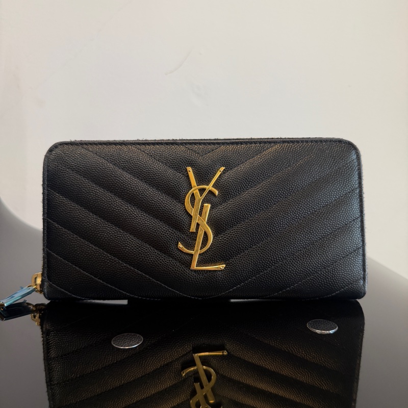 YSL 黑魚子醬牛皮金釦ㄇ拉12卡長夾-0