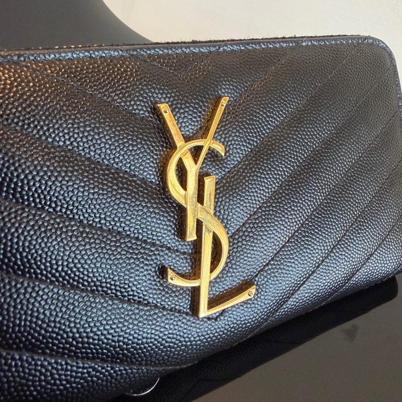 YSL 黑魚子醬牛皮金釦ㄇ拉12卡長夾-7