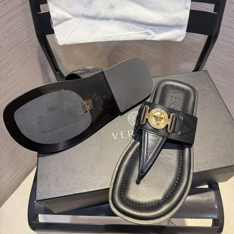 💎Han's house精品服飾💎VERSACE 凡賽斯 女王頭 美杜莎 小牛皮 夾腳拖鞋 涼鞋 現貨23.5 原價22000-2