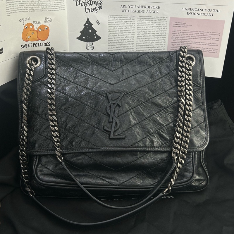 YSL聖羅蘭 Niki大號 黑色全皮油蠟皮鏈條包 D扣 22年編碼 尺寸：32×9×23 附件：塵袋-0