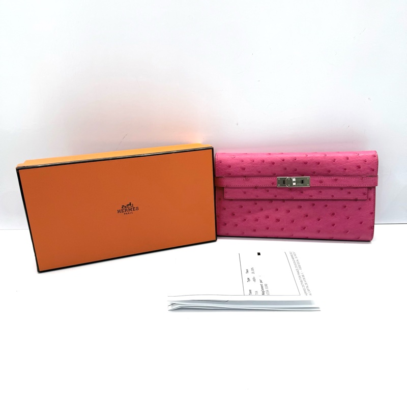 HERMES 愛馬仕 3J Rose Tyrone 桃紅色鴕鳥皮KELLY Classique To Go Wallet 長夾-2