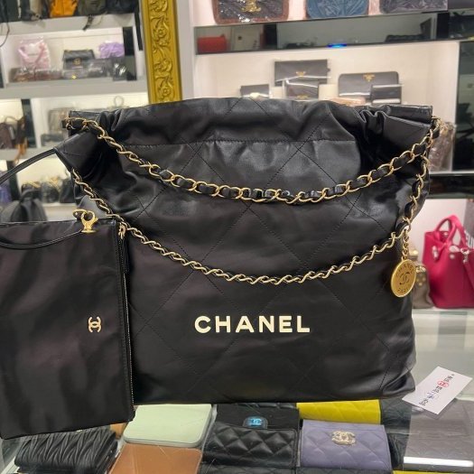 東區正精品㊣CHANEL 22 BAG AS3261 熊貓配色香奈兒黑色全皮米色字金幣金鍊肩背包購物袋包中款 RZ6426-1
