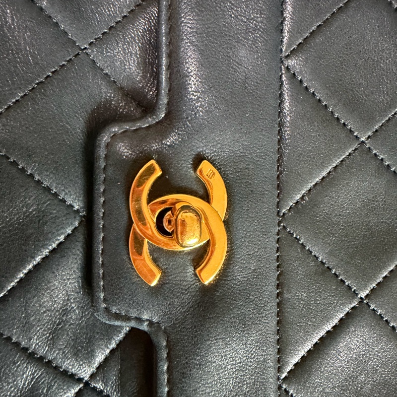 chanel vintage 羊皮 單蓋 深藍色 黛妃包-4