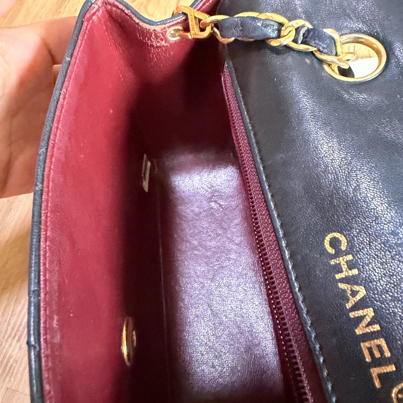 chanel vintage 羊皮 單蓋 深藍色 黛妃包-6