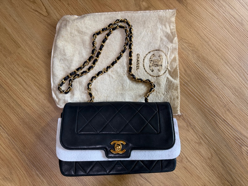chanel vintage 羊皮 單蓋 深藍色 黛妃包-8