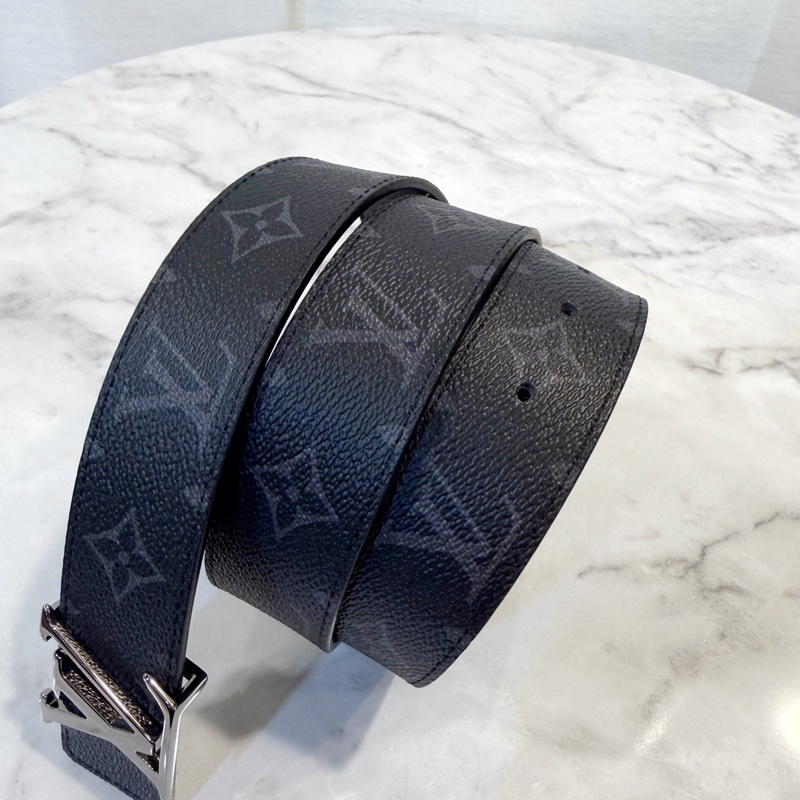 LV 黑灰原花黑牛皮銀釦雙面用皮帶-2