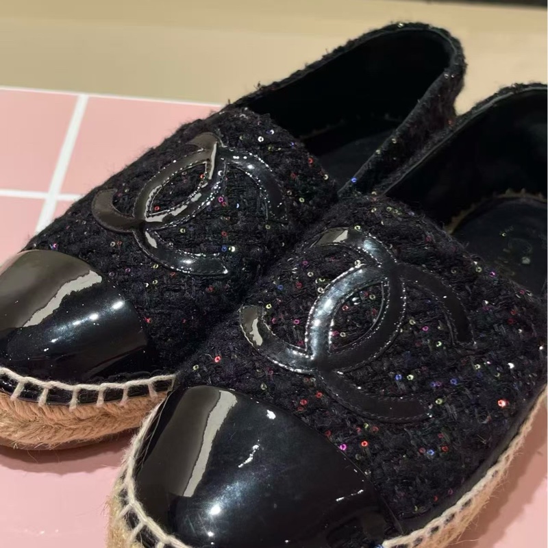 chanel黑色粗花漁夫鞋,38碼 全新-4