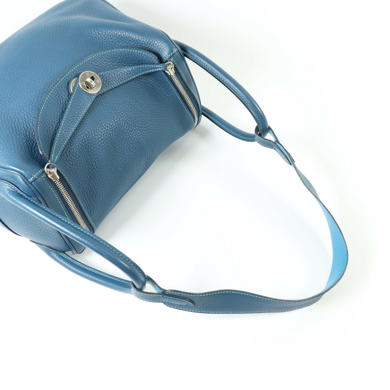 HERMES Clemence皮革Lindy 30銀扣手挽肩背兩用袋Turquoise/Colvert-7