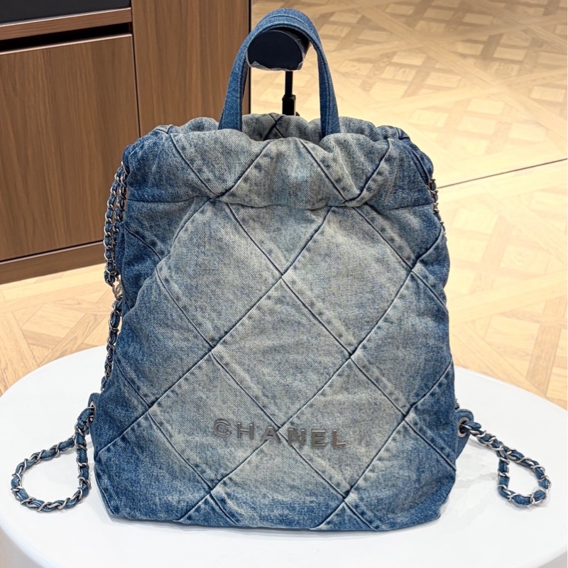 Chanel香奈兒牛仔銀扣22bag小號雙肩包 芯片-1