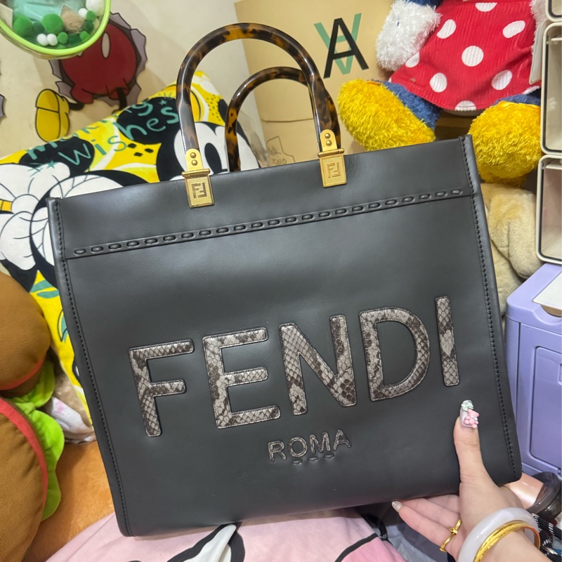 FENDI Sunshine 鴿灰色皮革與錦蛇皮手提袋-6
