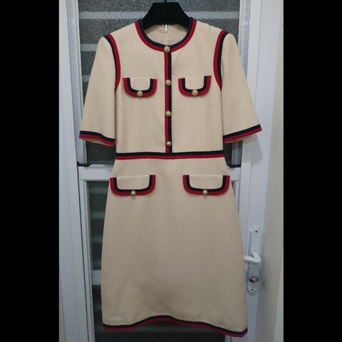 Gucci 米色底紅藍邊短袖洋裝
