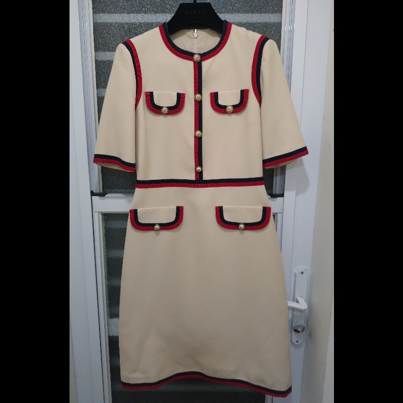 Gucci 米色底紅藍邊短袖洋裝-0