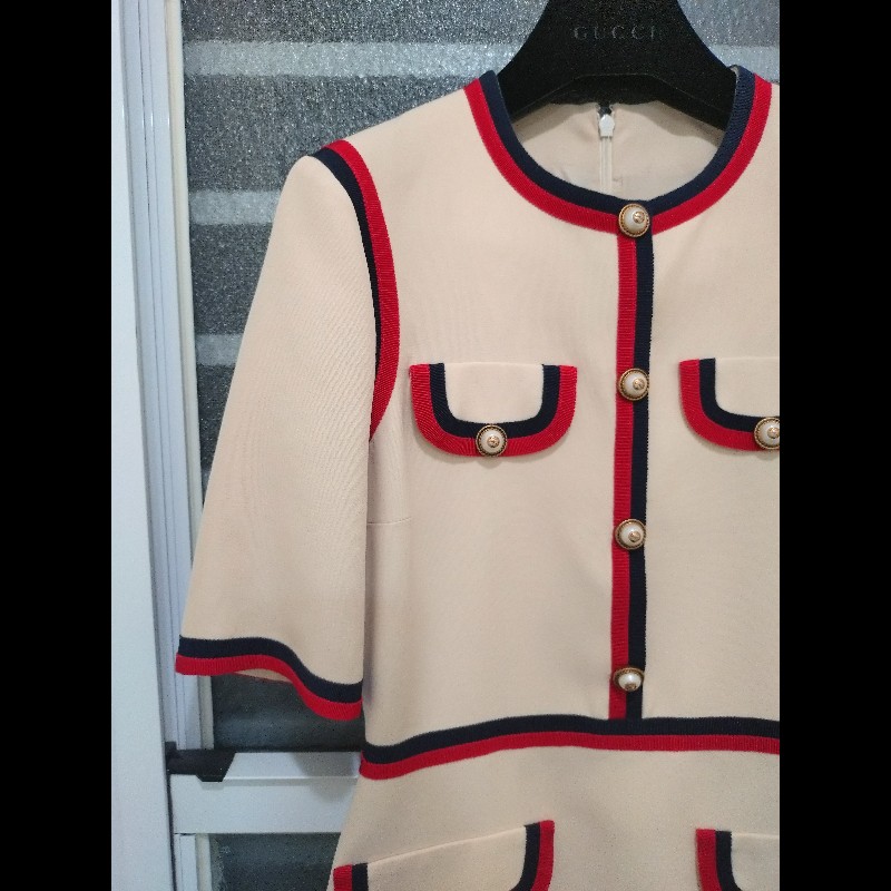 Gucci 米色底紅藍邊短袖洋裝-5