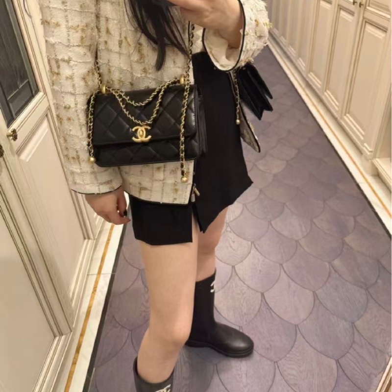 Chanel/香奈兒黑金雙金珠大號,金珠可調節鏈條尺寸絕美,尺寸:22 × 14 × 8-9
