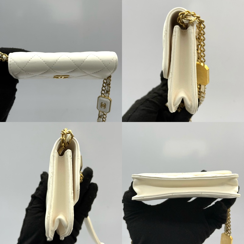 CHANEL 香奈兒 白色菱格紋羊皮鏈條小包 RFID-3