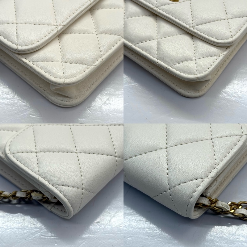 CHANEL 香奈兒 白色菱格紋羊皮鏈條小包 RFID-4