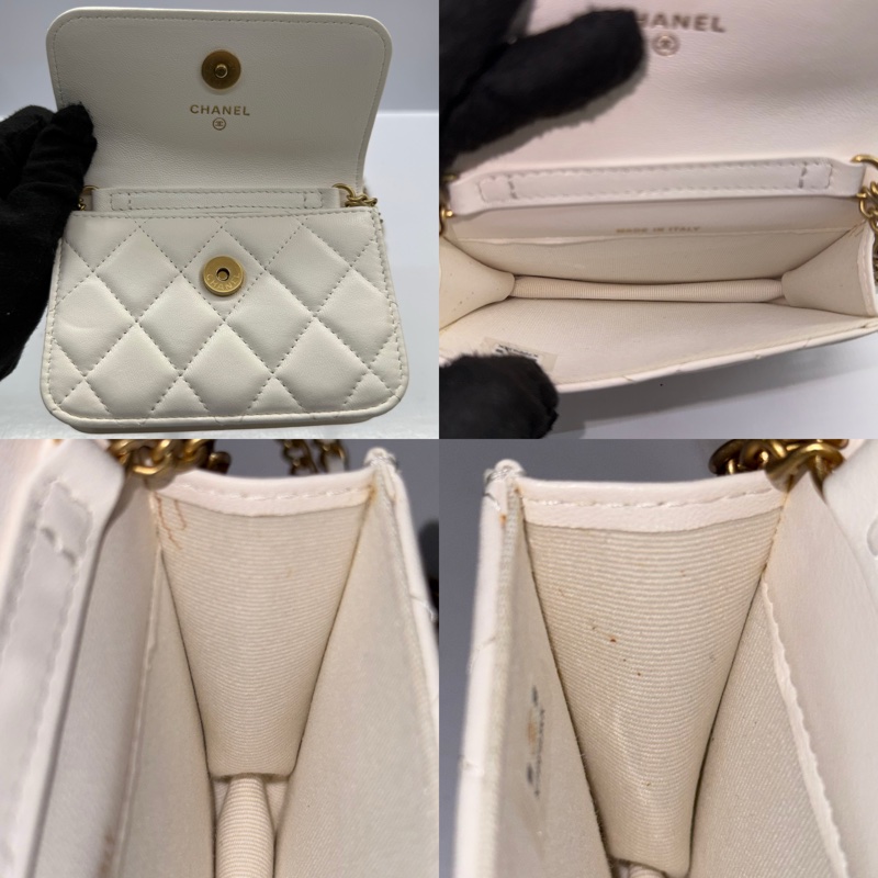 CHANEL 香奈兒 白色菱格紋羊皮鏈條小包 RFID-5