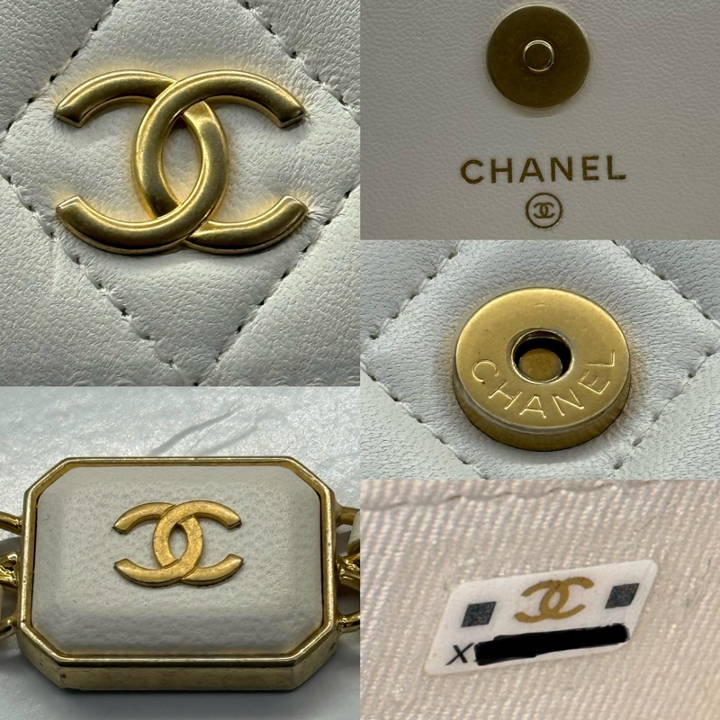 CHANEL 香奈兒 白色菱格紋羊皮鏈條小包 RFID-7