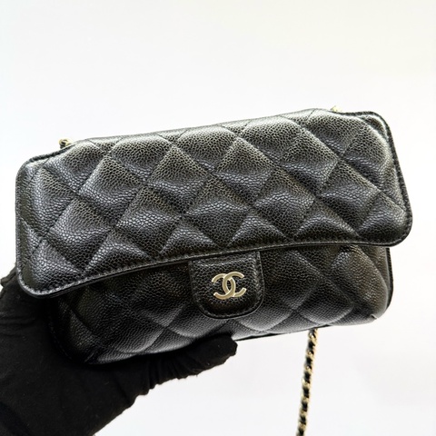 CHANEL 香奈兒 黑色菱格紋牛皮拼尼龍Foldable 購物袋/鏈條肩背包 兩用包