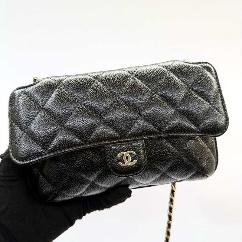 CHANEL 香奈兒 黑色菱格紋牛皮拼尼龍Foldable 購物袋/鏈條肩背包 兩用包-0