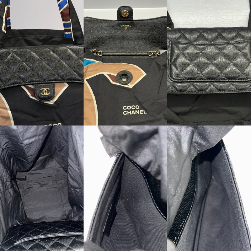CHANEL 香奈兒 黑色菱格紋牛皮拼尼龍Foldable 購物袋/鏈條肩背包 兩用包-3