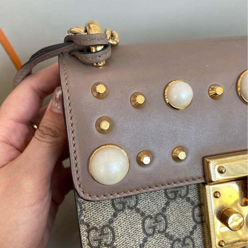 Gucci古馳月光寶盒小號奶茶色珍珠包拼老花鏈條包 正品保真-7