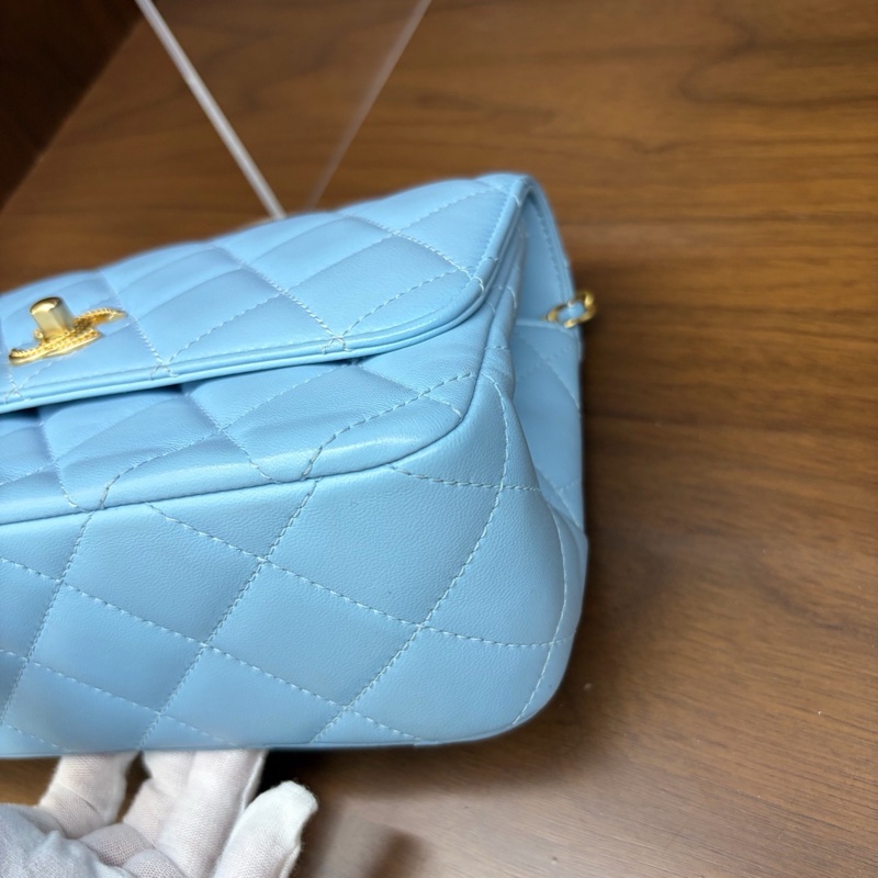 Chanel 香奈兒編織手柄cf小號 淡藍色金扣 芯片款 閒置新✨-7