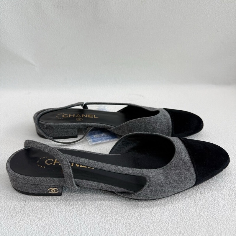 Chanel香奈兒平底Slingback 黑色拼灰色38.5碼-3