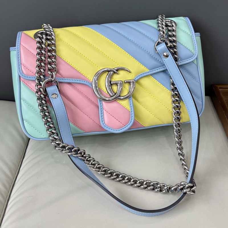 【近新閒置品】古馳Gucci 馬卡龍拼色斜紋marmont26單肩斜挎側背包鏈條包-1