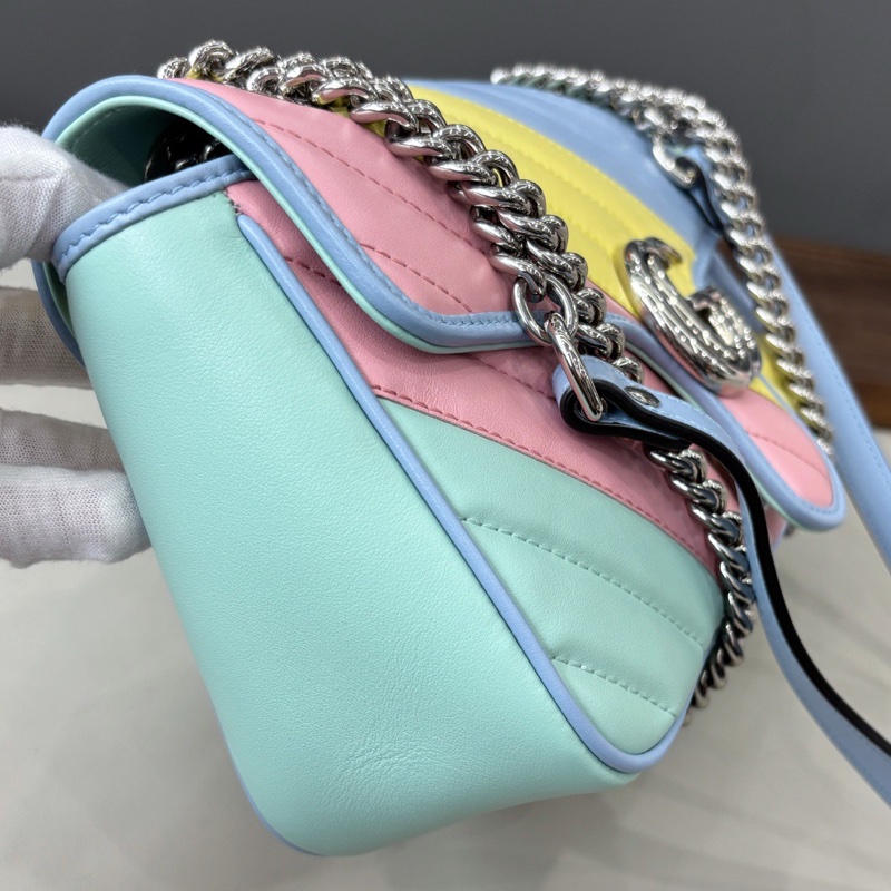 【近新閒置品】古馳Gucci 馬卡龍拼色斜紋marmont26單肩斜挎側背包鏈條包-3