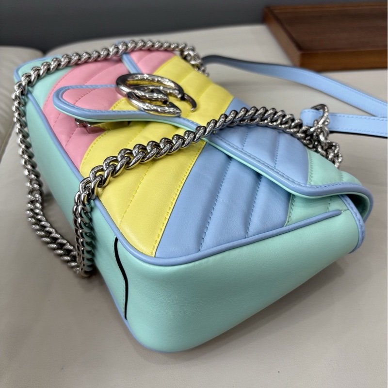 【近新閒置品】古馳Gucci 馬卡龍拼色斜紋marmont26單肩斜挎側背包鏈條包-4