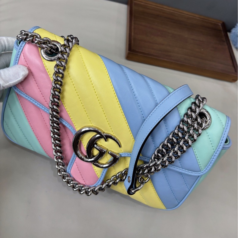 【近新閒置品】古馳Gucci 馬卡龍拼色斜紋marmont26單肩斜挎側背包鏈條包-6