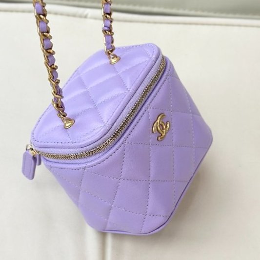 全新品 香奈兒/Chanel 淡紫色/薰衣草紫 羊皮金扣金球鏈條包-2