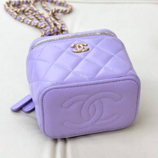 全新品 香奈兒/Chanel 淡紫色/薰衣草紫 羊皮金扣金球鏈條包-3