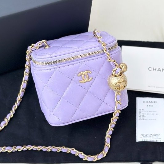全新品 香奈兒/Chanel 淡紫色/薰衣草紫 羊皮金扣金球鏈條包-5