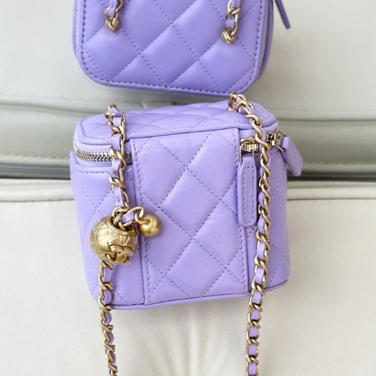 全新品 香奈兒/Chanel 淡紫色/薰衣草紫 羊皮金扣金球鏈條包-6