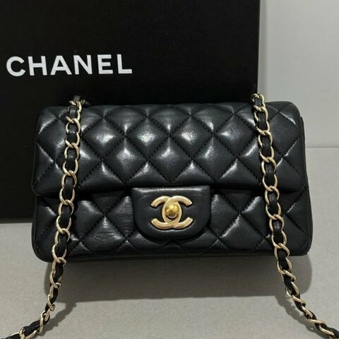 香奈兒/Chanel CF大mini 黑金羊皮鏈條包