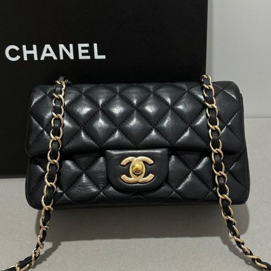 香奈兒/Chanel CF大mini 黑金羊皮鏈條包-0