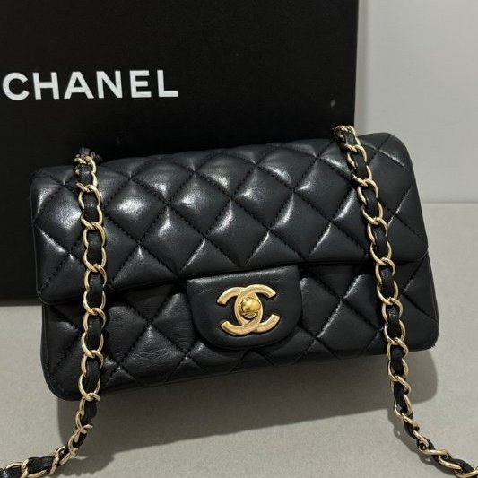 香奈兒/Chanel CF大mini 黑金羊皮鏈條包-2