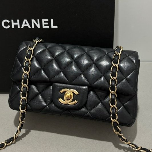 香奈兒/Chanel CF大mini 黑金羊皮鏈條包-3