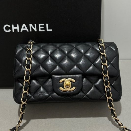 香奈兒/Chanel CF大mini 黑金羊皮鏈條包-5