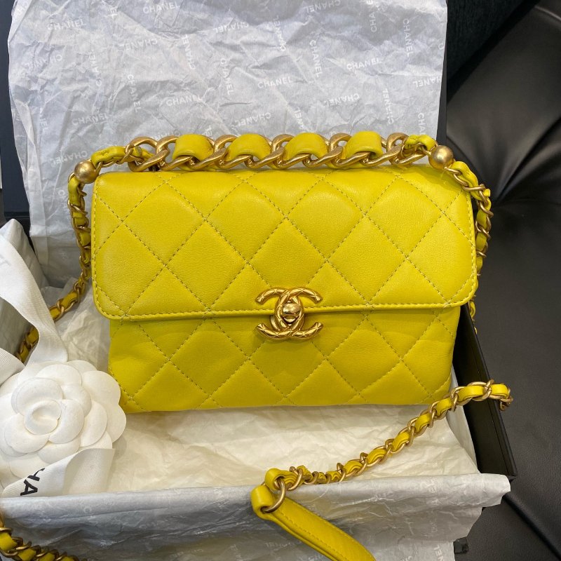 香奈兒/Chanel 黃色小牛皮金珠口蓋包鏈條包-6