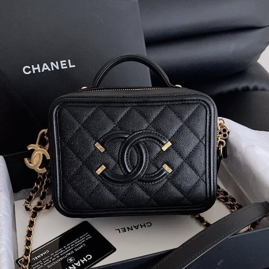 近新品 香奈兒/Chanel 黑金小號相機包 牛皮荔枝皮魚子醬-5
