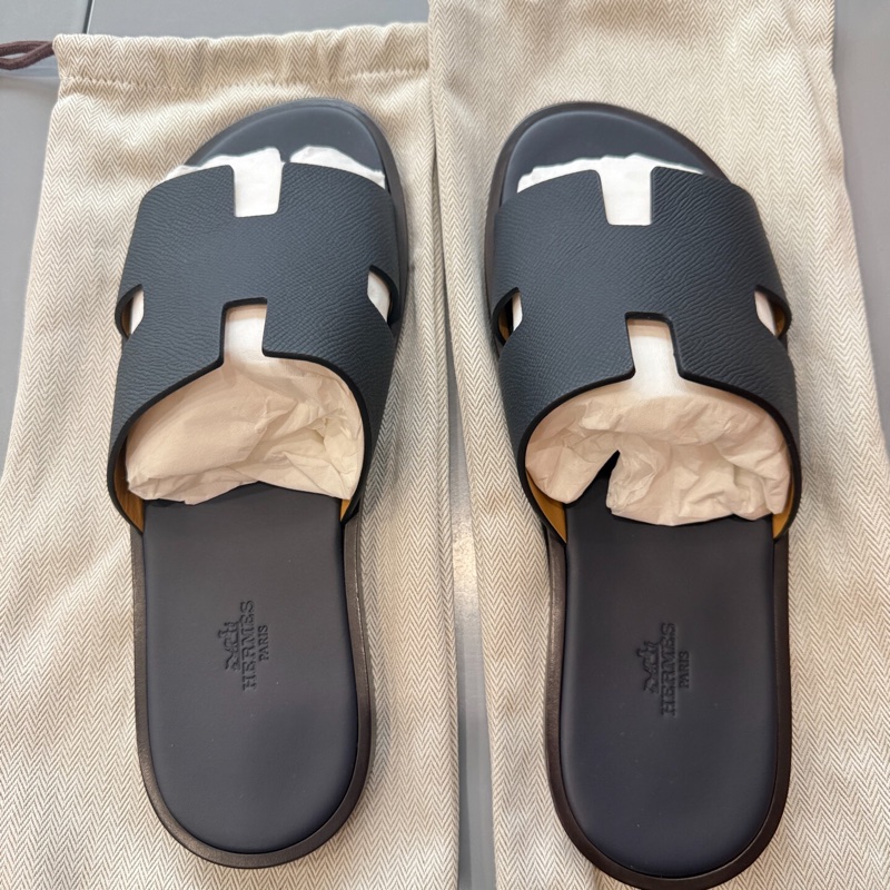 Hermès愛馬仕拖鞋 黑色Izmir款，經典H，意大利製造，真皮|||鞋面鞋底，帶原盒+塵代43碼-3