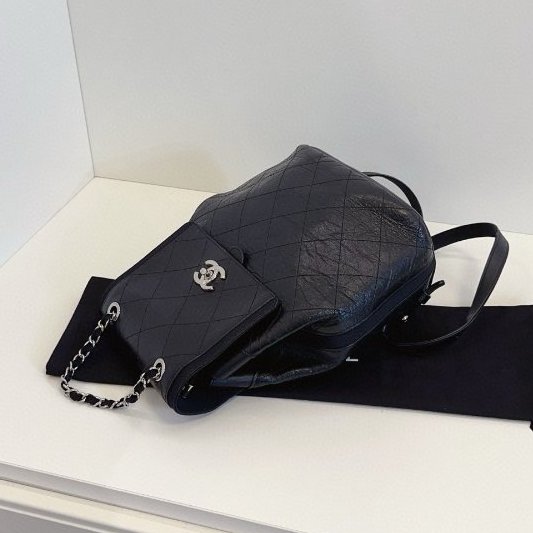 近新品 香奈兒/Chanel 黑銀油蠟皮菱格雙肩包-4