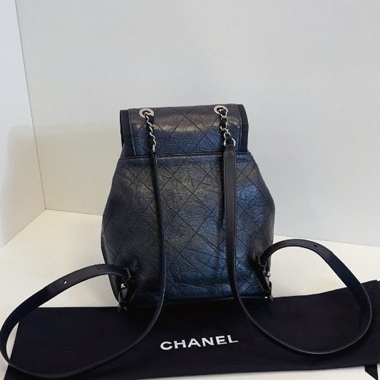 近新品 香奈兒/Chanel 黑銀油蠟皮菱格雙肩包-6