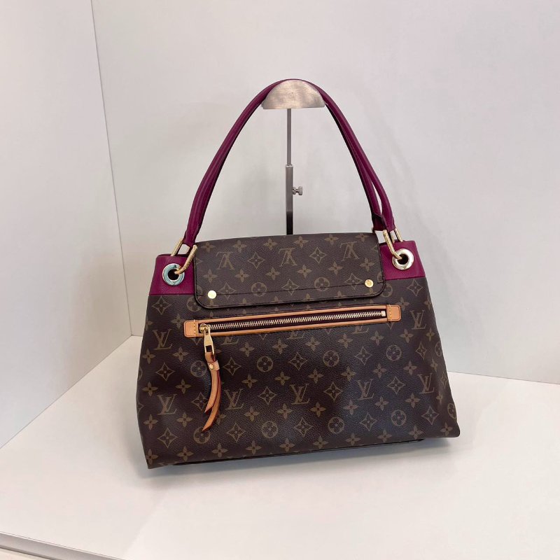 路易威登/Louis Vuitton Olympe繫列 老花拼皮肩背腋下包 全皮深紫色手提-1