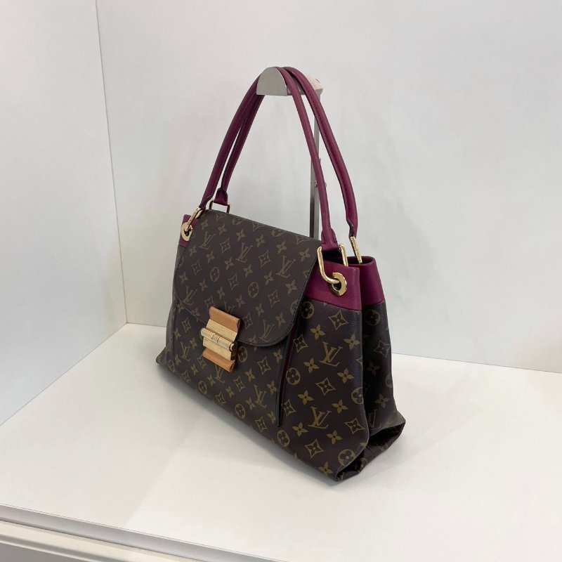 路易威登/Louis Vuitton Olympe繫列 老花拼皮肩背腋下包 全皮深紫色手提-3