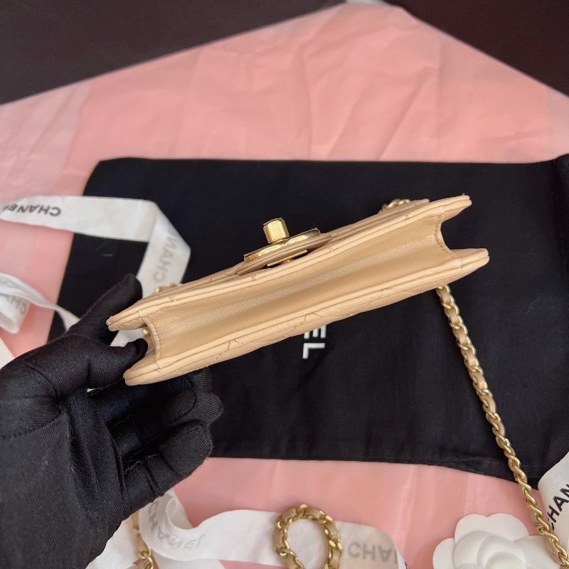 閒置新 香奈兒/Chanel 奶茶色金扣 牛皮mini woc鏈條包-7